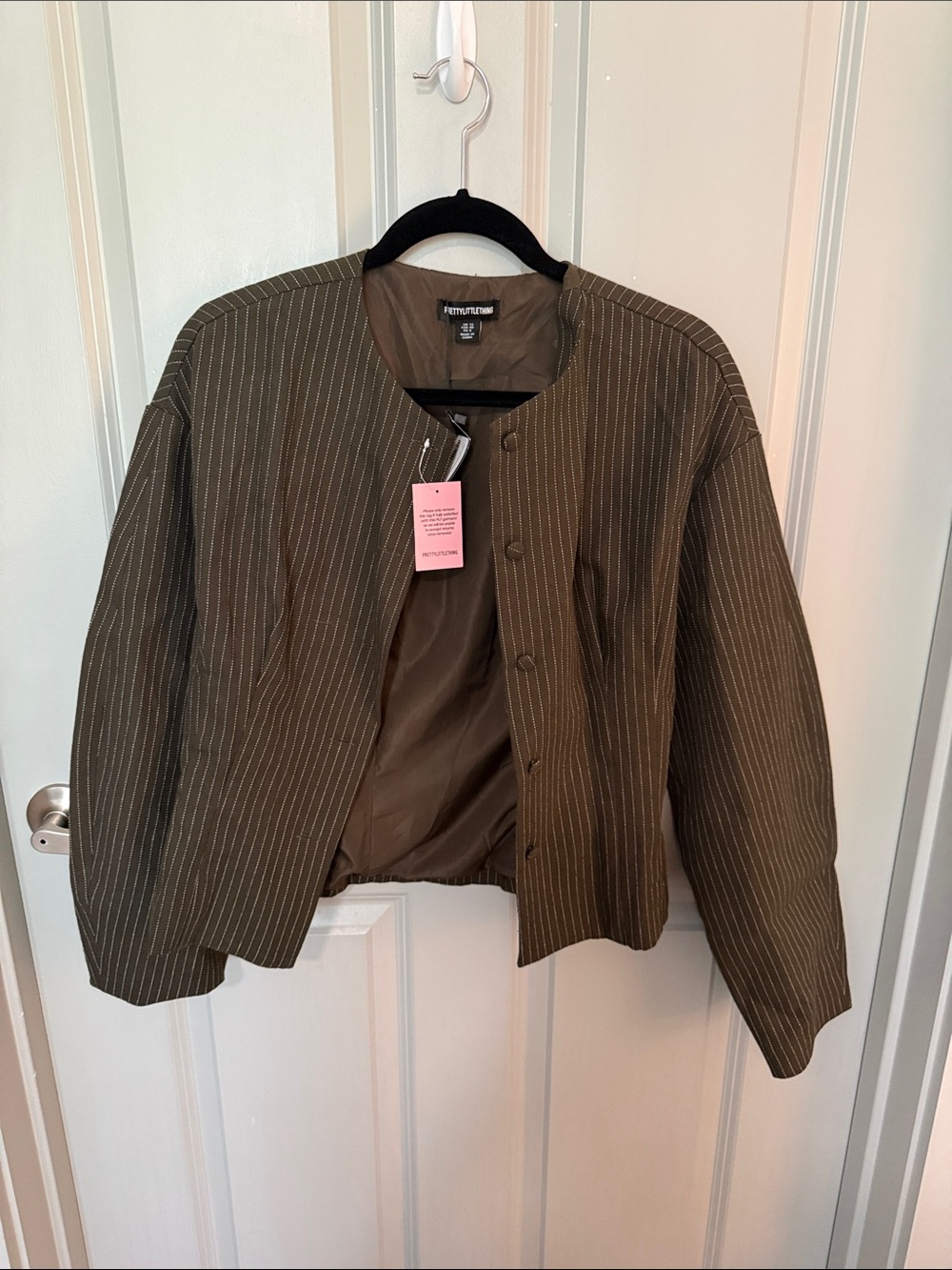 PrettyLittleThing Olive Green Pinstripe Boxy Blazer